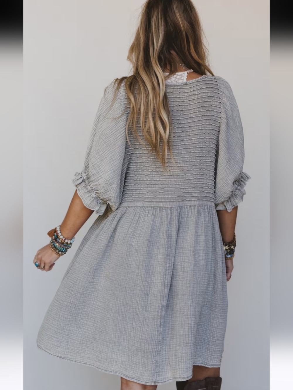 Three Bird Nest Mini Dress Quinn Puff Sleeve Oatmeal Boho Peasant Oversized S - Picture 6 of 16